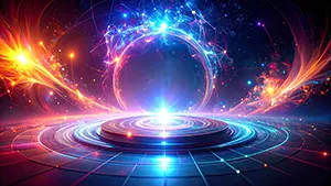 宇宙空間で光のエネルギーが渦を巻き中央のプラットフォームに集まっている神秘的な光景