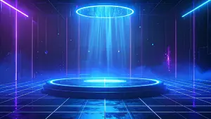 Near-future cyberpunk-style stage background illustration with shining blue neon tubes and ring light