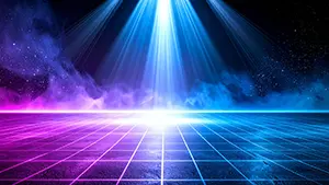 Near-future background illustration with pink and blue neon beams and a grid floor in cyberpunk style