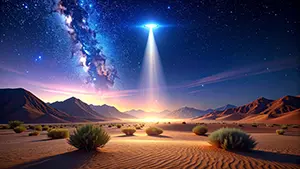 Sci-fi mystery background illustration where a pale beam shines on the ground from a UFO floating in a starry desert
