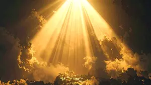 Divine and hopeful sky background illustration where golden sunlight beams radiate through gaps in dark clouds
