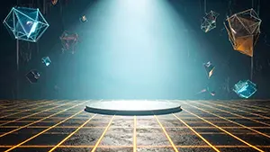 暗闇の中で幾何学的なクリスタルが宙に浮き中央のステージをスポットライトが照らしている様子