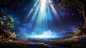 森の中の花が咲く広場に上空から神秘的な光の束が差し込んでいるファンタジーな風景