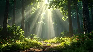 緑豊かな森の中で木々の間から強い日差しが差し込み草花を照らしている幻想的な風景