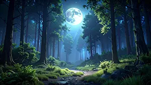 夜の森の中で巨大な満月が青白く輝き木々の間の小道を照らしている幻想的な風景