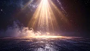 Mystical and spiritual background illustration with a divine golden pillar of light pouring down from starry space