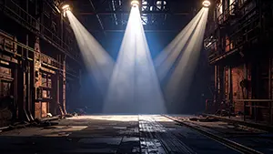 Industrial and cool warehouse background illustration where white light rays shine from the old factory ceiling onto the floor