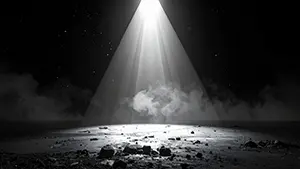 Monochrome mysterious background illustration with a single white beam hitting dark rocky ground with fog