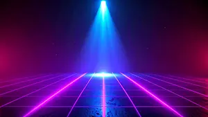 ネオンピンクの格子状の床を青いスポットライトが照らしているレトロフューチャーなステージ空間