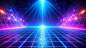 青とピンクのネオンカラーのグリッド線とワイヤーフレームが広がるサイバーパンクな空間