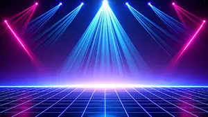 青いグリッド床の上にピンクと青のレーザー光線が交差して輝いているサイバーパンクなステージ
