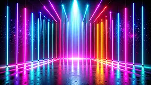 ピンクと水色のネオンライトが垂直に並び床に反射している近未来的な空間