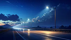 星空の下で街灯に照らされた長い橋の道路が遠くの山に向かって続いている夜の風景