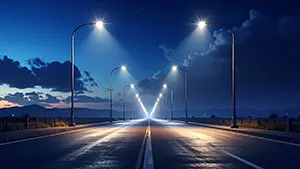 夜の道路を照らす街灯の明かりが地平線まで一直線に続いている風景