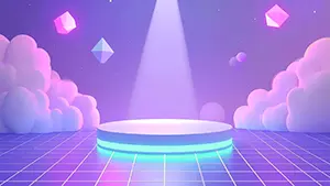 Pop and dreamy cute background illustration illuminating a stage where pastel purple clouds and geometric objects float