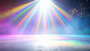Dreamy and mystical background illustration where pastel rainbow light rays pour down and sparkle