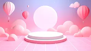 ピンク色の空に気球と雲が浮かび中央に白い展示台が置かれているメルヘンチックな風景