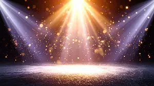 Gorgeous and mysterious stage background illustration where purple light rays and central golden light intersect and floor glitter shines