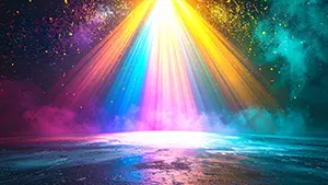 Flashy and lively stage background illustration with vivid rainbow spotlights and scattering confetti