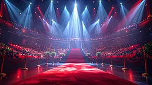 レッドカーペットの階段と満員の観客席がある豪華なコンサートホールでスポットライトが交差する様子