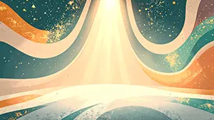 レトロな配色の波模様が中央の光に向かって描かれ金箔のような粒子が舞う抽象的なデザイン