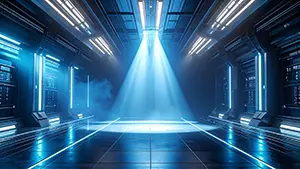 Near-future mechanical sci-fi background illustration where light shines from the back of a spaceship corridor with glowing blue lights