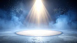 Stage-style background illustration where a simple spotlight illuminates the center of a space with drifting blue smoke