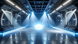 宇宙船の格納庫や通路のような機械的な壁と天井に明るいライトが並ぶ近未来的な空間