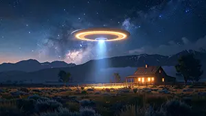 夜の星空の下にある田舎の家の上空に巨大なUFOが現れ青い光を照らしているSF風景