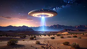 砂漠の上空に浮かぶ巨大なUFOが地面に向けて青い光のビームを出しているSF風景