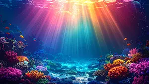 カラフルな珊瑚礁の海底に水面から太陽の光が差し込んでいる美しい海中の風景