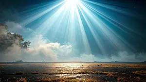 Landscape background illustration where sunbeams radiate from the sky over a vast earth, evoking hope and dawn