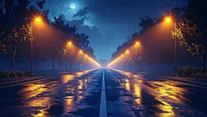 雨上がりの濡れた道路に街灯が反射し夜空に月が輝いている静かな夜の並木道